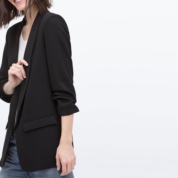 Zara Black Longline Ruched Sleeve Blazer Size XS - Picture 10 of 11